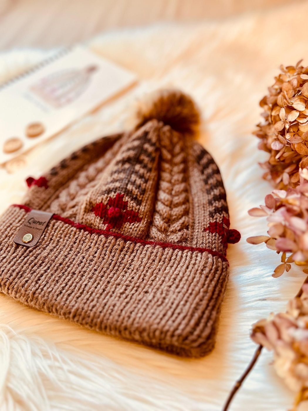 Brown embroidered beanie, Hand embroidery